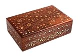 Ajuny Handgeschnitzte Dekorative Schmuck Aufbewahrungsbox aus Holz mit Floralem Vintage Messing Inlay Mehrzweck Aufbewahrung Organizer Reise Schatztruhe Schmuckhalter Tolle Geschenke, 8x5 Zoll