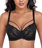 DotVol Damen Große Größen Minimizer BH Durchsichtige Ungepolsterte Spitze Unterwäsche Alltag Bra mit Schnürung(Schwarz, 85C)
