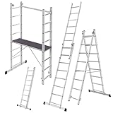 KADAX Gerüst aus Aluminium, 114 x 214 cm, Baugerüst mit 16 Stufen, Standgerüst, Multifunktionsgerüst, Mehrzweckleiter mit Plattform und Anti-Rutsch-Füße