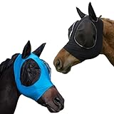 2er Set Fliegenmaske Pferd, Fliegenmasken für Pferde mit Ohrenschutz, Atmungsaktives Material, UV-Schutz, Blaue und Schwarze Fliegenmaske für Cob und Pony