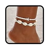 Handcess Doppel-Fußkettchen im Boho-Stil aus Silber und mit Muscheln, Schildkröte, Knöchel-Armbänder, geschichtet und verwoben, Fußketten für Damen und Mädchen