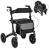 Rollatoren 4 Räder mit Sitz, zusammenklappbar, leicht, Mobilitätsgehhilfe für ältere Menschen mit Platz und Rädern, Rollator, medizinisches Gehgestell aus Aluminium mit gepolsterter