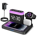 Wireless Charger Station,5 in 1 Wecker mit Kabellose Ladestation,7 Nachtlichter，Induktive Handy Ladegerät für iPhone 15/14/13/12/11/Pro/Max Samsung,Apple Watch 9/8/7/6/SE,AirPods Pro/3/2/1