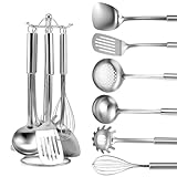 Gymdin 7 teiliges Küchenhelfer Set edelstahl - aufhängbarer Griff, Küchenutensilien mit Spatel, Pfannenwender, Suppenkelle, Schaumlöffel, Schneebesen, Nudelserver, Utensilienhalter, spülmaschinenfest