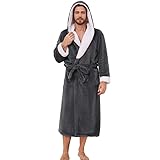 Vulcanodon Herren Plüsch Bademantel mit Kapuze Flauschig, Warmer Fleece Morgenmantel mit Taschen Spa Bademäntel für Männer (Dunkelgrau, L/XL)