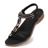 Littleplum Sandalen Damen Sommer Sandaletten Strand Zehentrenner Bohemian Flip Flops(Schwarz,40EU)