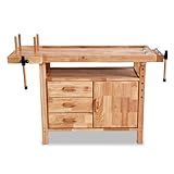 BAMATO Hobelbank WORK-1380 aus Massivholz | 4X Bankhaken je aus Holz & Metall | Arbeitshöhe 84cm | Softclose | 3X Schubladen | Werkbank Werkzeugbank Holzwerkbank