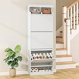 Hzuaneri Schuhschrank, Schuhaufbewahrung, Holz Schuhkipper, Schuhregal, Offenes Fach, Trennwand Verstellbar, 18-21 Paar, Große Kapazität für Flur, Garderobe, 3 Klappen (60B cm), Weiß SR63103X
