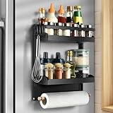 aceyoon Magnet Regal Kühlschrank, 2 Etagen Kühlschrank Regal Hängeregal für Kühlschrank Magnet Gewürzregal mit 4 Haken Küchen Organizer und Papierhandtuchhalter