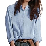 Musselin Bluse Damen Lässiges Langarmshirt Sommer V-Ausschnitt Hemdbluse Button-Down Blusenshirt Einfarbig Leinenblusen Lockere Passform Oberteil Casual Arbeit Shirt Lose Hemden