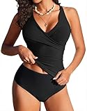 Ekouaer Tankini Damen Bauchweg Push Up Zweiteiliger Badeanzug Crossover Tankini Set Hight Waist Bademode, Schwarz XL