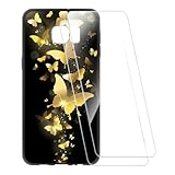 ESCAMOT Bedruckte Hülle + 2 Glas Schutzfolie Kompatibel mit Samsung Galaxy S6 Edge+, Stoßfeste Weiche Cover und HD Klare Tempered Glass Folie (Schmetterling)