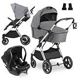 hauck 3in1 Kinderwagen Set Vision X mit Drive N Care Babyschale - Kombikinderwagen mit Federung und höhenverstellbarem Sitz - Melange Grey