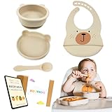 Silikongeschirr für Babys mit Saugnapf - Lernset für Lebensmittel BLW, riecht nicht - Schüssel und Teller Saugnapf für Kinder, Lätzchen und Löffel (Beige)