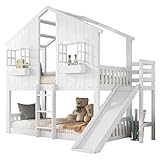 Goldicoo Etagenbett Hausbett Kinderbett 2 Kinder 90x200 Holz - Spielbett Hausform mit Rutsche, Hochbett mit Leiter