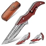 Dream Reach Damast Klappmesser – VG10 Stahl Taschenmesser für Outdoor Camping,Scharfes Survival Outdoor Messer mit Scheide,EDC Messer für Männer mit Geschenkbox.