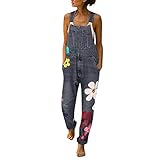 De feuilles Blumendruck Jeans Jumpsuits Playsuit für Frauen Plus Size Lange Denim Hosen Latzhose, grau, 8-10