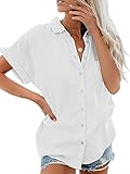 Damen Bluse Kurzarm, Knopf Oberteile Shirt Elegant, Casual Hemdbluse, Revers Kragen Business Blusenshirt, Stretch Einfarbig Blusen V-Ausschnitt Top Herbst Frühling Sommer(Weiß, XL)