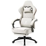 Dowinx Gaming-Stuhl Stoff mit Gelkissen und Taschenfederkissen, Ergonomischer Bürostuhl mit Fußstütze, Massage Gaming Sessel Gamer Chair für Erwachsene Beige