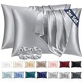 Vielit 2er Set Satin Kissenbezug 40 x 80 Grau, Weich wie Seidenkissenbezug 40x80,Bessere Pflege als Silk Pillosecase,Satin Kopfkissenbezug Kissenhülle für Haar und Haut mit 2 Haargummis