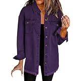 Generisch Jeans Jacken Für Damen Vintage Langarm Oversize Jeansjacke Button Down Denim Jacket Western Fall Shacket Jacket Mantel Outwear Übergangsjacke mit Knöpfen Kanten und Waschen mit Tasche