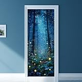 arricraft 2 Stück Selbstklebende Türaufkleber 31.5'X78.7' 3D Türaufkleber Mit Glühwürmchen Und Wald Waldmuster PVC Türen Entfernbare Tapetendekoration Für Schlafzimmer Wohnzimmer Heimdekoration