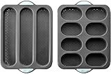 HONYUET 2-teilig Silikon Backformen Set, 35 x 24 x 3 cm Grau 3 Mulden Baguetteform und 8 Mulden Brötchenform, Baguetteblech Antihaftbeschichtet Perforiert mit Grifffen, Für Brot Brötchen Bäckerei