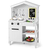 COSTWAY Kinderküche mit Spielzubehör, Spielküche Holz mit Tafel & Wasserhahn & Spül, Spielzeugküche Holzküche für Kinder ab 3 Jahren