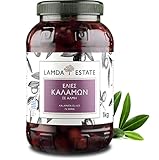 Lamda Estate - frische Oliven Kalamata 1 KG natur mit Stein, eingelegt in Salzlake | griechische schwarze Oliven Jumbo (1)