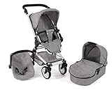 Bayer Chic 2000 Puppenwagen Fides, 3in1 Puppenwagen-Set bestehend aus Babywanne, Sportsitz und Autositz, 61 x 44,5 x 85 cm, Jeans Grau