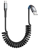 SUNGUY USB C Spiralkabel, USB auf USB C Kabel und Datenkabel für Android Auto【0.4M-1M】,iPhone 15,Galaxy S24 Ultra S23 FE S22 S21,Google Pixel, Xiaomi-Grau