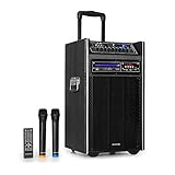 auna pro DisGo Box DVD - Mobile PA-Anlage mit integriertem DVD-Payer, 300 W max., 2 x 10 (25,5 cm) Subwoofer, Bluetooth, USB, SD-Slot, drahtloses UHF-Funk-Mikrofon, Akku, Fernbedienung, schwarz