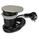 UNITEC Einbausteckdose für Tischplatte, Tischsteckdose, 1xSchuko + 1xUSB, Schutz durch Deckel zum Schieben aus Edelstahl, Kabel 1,5 m, Erforderlicher Bohrungsdurchmesser: 60 mm