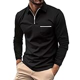 Herren-Polo-Shirt, langärmelig, langärmelig, einfarbig, Reißverschluss, leicht, Stehkragen, Hemd mit Vordertasche, normale Passform, Stretch-Poloshirts für Herren, Schwarz , S