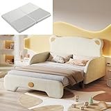 (Mit Matratze) Doppelbett in Bärenform, Polsterbett, Kinderbett, Tagesbett, Ausziehbett, mit weichen Schutzkanten, mit Holzlatten, Samt, Beige (140x110cm&140x200cm), Matratze aus weißem Schwamm