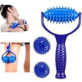 WAVATA 3 StüCke MassagebäLle Massage Roller, Massageroller mit Noppen, Massageroller RüCken, Igelball FußMassage, Massageroller mit Griff, für Beine RüCken Arme Schultern Muskelschmerzen(Blau)