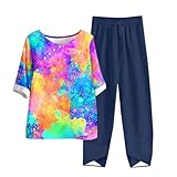 2-teiliges Outfit für Damen-Sommer-Tops, kurzärmelig, Blumendruck-T-Shirts, lässig, Rundhalsausschnitt, T-Shirts mit elastischer Taille, Hose, durchgehende Hose, zweiteilige Sets, UK-Größe, Marineblau