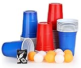 JOYZYAIYY Beer Pong Becher Set,Bierpong Becher,50 Beerpong Becher +10 Bällen,473ml Beerpongbecher mit Bällen,Partybecher 25 Rot + 25 Blau 16.6oZ Cups,mehrwegbecher Für Party Trinkspiele Game - Groß