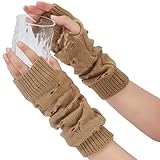 CABODYALS 1 Paar Khakifarbene Armstulpen Mit Daumenlöchern Süße Lange Gestrickte Fingerlose Fäustlinge Zerrissen Goth Grunge Punk Harajuku Alt Emo Arm Pulswärmer Socken Ärmel Für Damen Zubehör