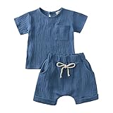 Trainingsanzug Kinder Kleidung - Kleinkind Kinder Baby Junge Mädchen Solide Pullover Kurzarm Baumwolle Leinen Sweatshirt T-Shirt Rundhals Tops Shorts Set Kleidung (Blue 12-24 Months)