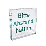 transparenter Acrylblock als Infoständer, Hinweisaufsteller mit Aufdruck „Bitte Abstand halten“ in der Farbe Türkis, Infoaufsteller aus original PLEXIGLAS