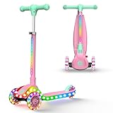 Kidscoter 3-Rad Tretroller mit LED-Beleuchtung, Höhenverstellbar & Klappbar für Kinder 3-12 Jahre, Leuchtende Lenkstange & Deck, Max. 60 kg, Geschenk für Jungen/Mädchen (Pink-Licht)