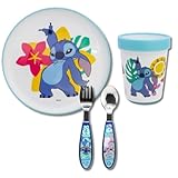 Stor, Kindergeschirr Set, Kinder Geschirrset & Kinderbesteck Edelstahl, Set für Jungen und Mädchen mit Rutschfestem Teller, Becher+Löffel & Gabel aus Edelstahl, No BPA, Wiederverwendbar (Stitch)