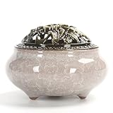 Keramik Weihrauchbrenner, Vintage Räuchergefäß Räucherschale, Räucherstäbchenhalter Halter mit Metall Deckel und Feuerfeste Matte für Home Deko Geschenk