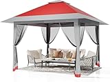 13x13FT Pop-Up Pavillon, Hardtop Pavillon mit Moskitonetz, Doppeldach und 3 Ebenen verstellbarer Höhe, UV-beständig Outdoor UV-beständig Outdoor für Hinterhof, Garten, Rasen (Rot + Hellgrau)