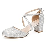 Greatonu Damen Pumps Riemchenpumps Spangenpumps Sandale mit Kreuz Knöchelriemen Blockabsatz Geschlossener Spitze Glitzer Pumps - Perfekt für Hochzeiten und Partys Silber Glitzer 37 EU