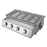 4 Brenner Edelstahl Kleiner Gasgrill, LPG Gasgrill Gasbräter Tischgrill mit Höhenverstellbar 0-7cm und Elektronische Zündung für Camping, Balkon, Garten 55.8 * 23.2cm