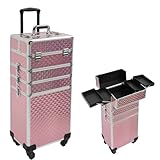 Kosmetikkoffer Schminkkoffer 4-in-1, Kosmetik Trolley mit Rollen und Schublade, 35×25×100cm Abschließbarer Multikoffer Makeup Koffer, Alu Kosmetikkoffer Groß für Reise, Friseure, Visagisten (Rosa)