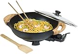 Bestron Elektrischer Wok mit Bambusgriffen, XL-Wokpfanne mit Glasdeckel im Asia Design, Inklusive Bambusspatel, 2 Kochstäbchen & Rezeptbuch, 1.500 W, Schwarz, 5Liter