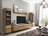 MINIO go for it - Wohnwand 4-Teilig Set Veve 2 I Hängend oder Stehend I 2X Hochschrank-Vitrine I Lowboard I Wandboard I Laminierte Spannplatte I Wotan Eiche - LED Beleuchtung